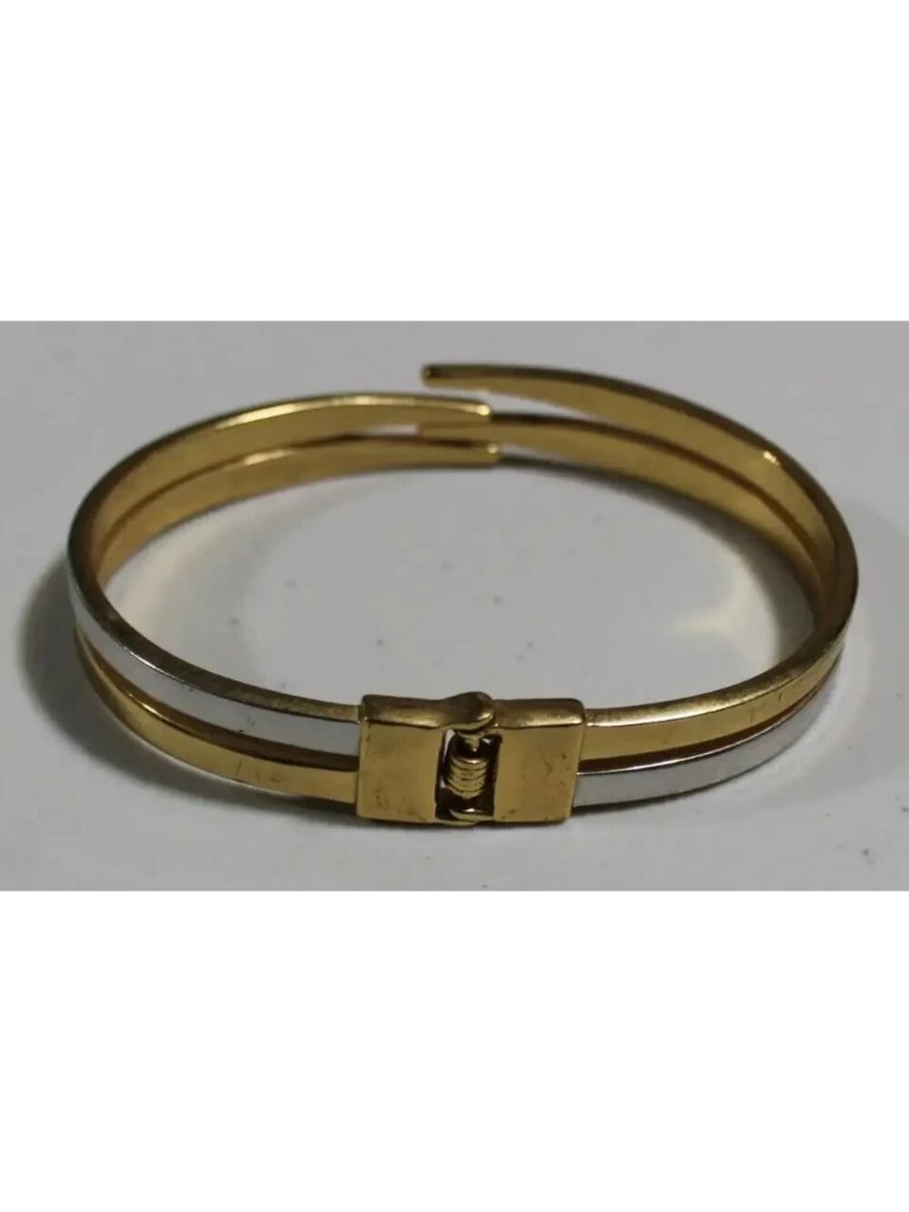 Two-Tone Silver & Gold Hinged Bangle Mixed Metal Ribbed Bracelet